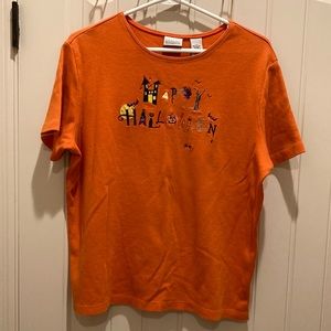 Happy Halloween Classic Elements Women’s Sz L Orange Tshirt Embroidered Graphics